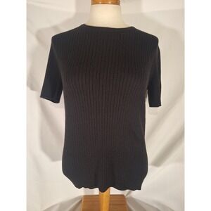 Laura Scott Black Ribbed Knit Short‎ Sleeve Top Casual Everyday